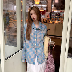 Lsland Retro Blue Plaid Shirt Jacket for Women, New Autumn Style, Loose, Artistic, Lazy Style Shirt