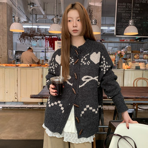 
Lsland retro jacquard Fair Island sweater cardigan for women in autumn and winter new style horn button loose jacket