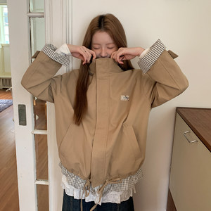 
Lsland retro checked splicing stand collar jacket for women's autumn new style design loose jacket