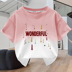 2026 Summer New Style Pure Cotton Gradient Short-Sleeved T-Shirt for Boys and Girls, Round Neck Letter Print Loose Top