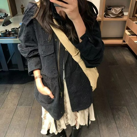 
Correct version] 2025 autumn new style jacquard hollow waist windbreaker jacket for women versatile casual top