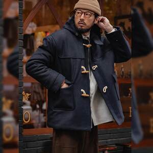 Uncle Gu's horn buckle wool woolen coat men's winter loose plus cotton mid -length hooded woolen coat