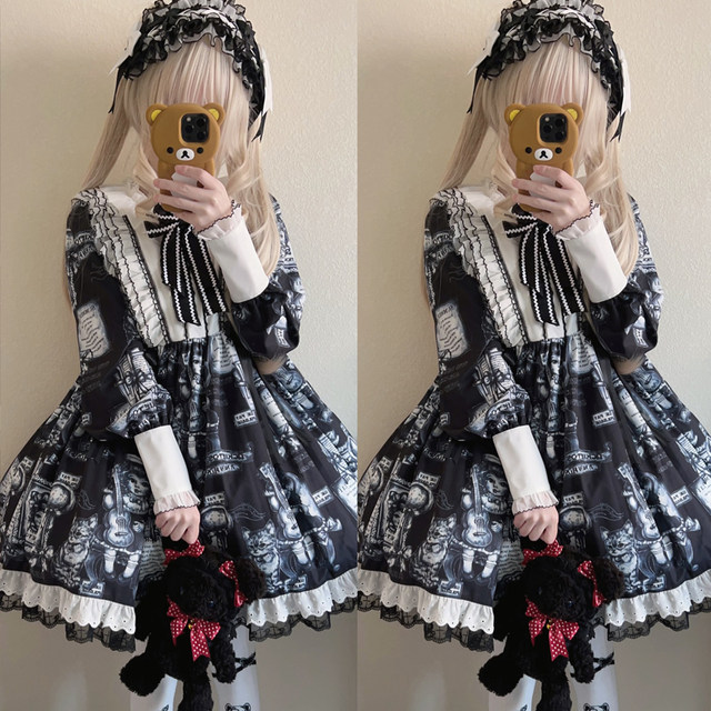 Korean mushroom cool {exclusive}~original design antique cat lolita dress gothic style dark long-sleeved op dress
