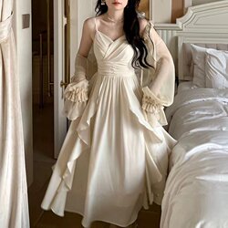 Plus-Size Gentle French-Style High-End Spaghetti Strap Dress, Summer Slimming Waist-Cinching Dress for Chubby Girls, Runaway Princess Fairy Long Dress