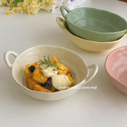 Double-Eared Bowl, Household Soup Bowl, Personal Instant Noodle Bowl, Salad Plate, Ceramic Tableware, Creative Fruit Yogurt Bowl