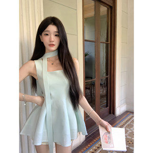 Yiyiwang winemaking mint ice silk knit ribbon A -line dress temperament square collar thin short skirt female
