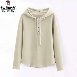 Woodpecker Autumn and Winter New Korean Style Age-Reducing Hooded Long-Sleeve Sweatshirt for Women, Fleece-Lined/Non-Fleece, Casual Solid Color Top