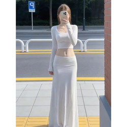 2026 New Style Pure Desire Spicy Girl White Long-Sleeve Dress Set for Women Early Spring Slim Fit Bodycon Long Dress