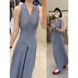 Korean-Style High-End Sleeveless Vest Dress for Women, Summer 2026 New Blue Plaid Waist-Cinching V-Neck Long Dress