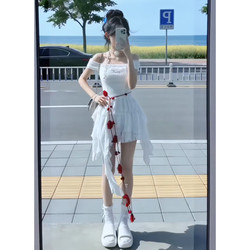 2026 New French-Style Off-Shoulder White Suit Dress for Women, Summer Petite Irregular Waist-Cinching Short Skirt