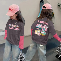Children's Pure Cotton Fake Two-Piece Long-Sleeve T-Shirt for Girls, Loose Cartoon Patchwork Base Shirt for Spring and Autumn, Suitable for Older Children