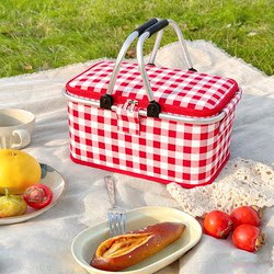 Picnic Basket with Red Plaid Pattern, Upgraded and Thickened, Portable Aluminum Foil Large-Capacity Outdoor Camping Food Storage Basket, Foldable