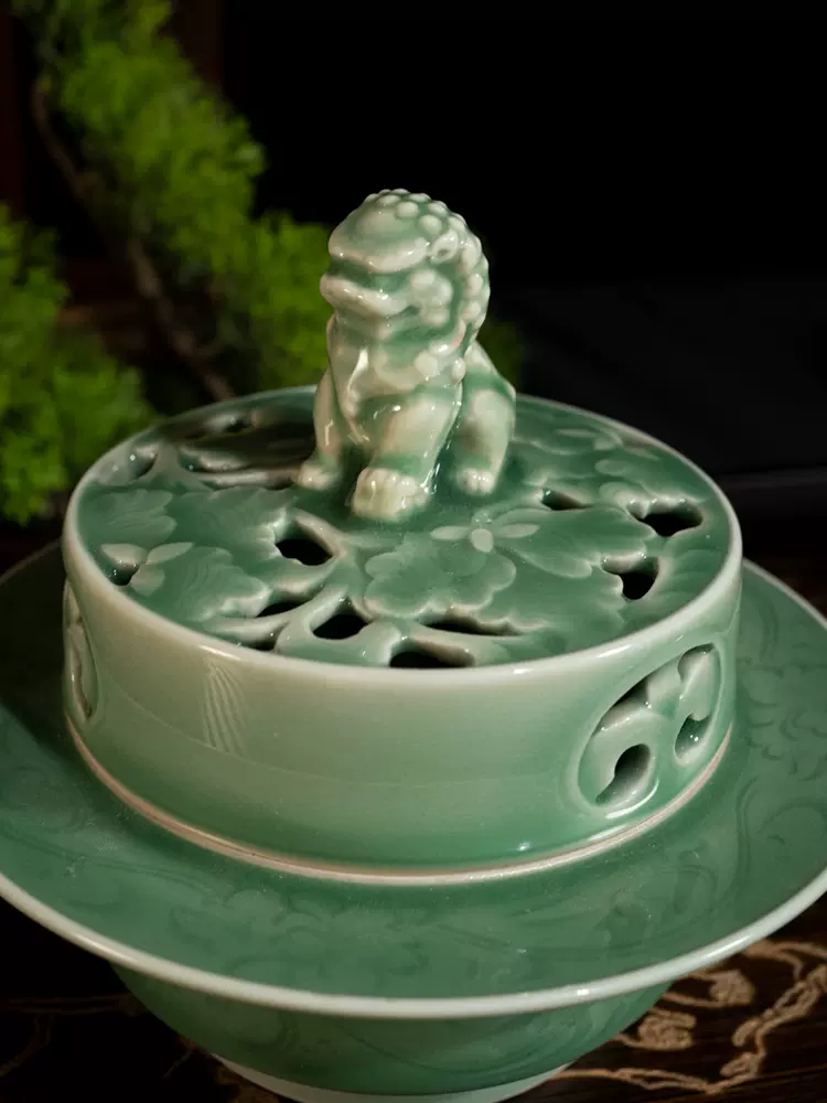 天青色 香炉 陶磁 三足檀盤香炉 沈香 獅子 茶道 置物 天青色