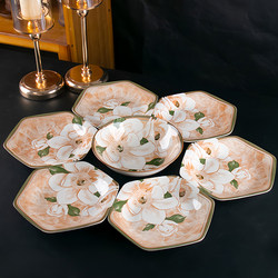 8inch Bowl and Plate Set, Complete Set of Household Tableware, Particularly Beautiful Camellia Hexagonal Vegetable Plate and Bowl Combination