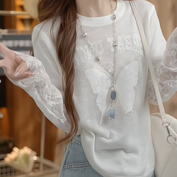 Snowflake Cotton White Lace Splicing Rhinestone Long-Sleeve T-Shirt for Women 2026 Spring and Autumn Thin Fake Two-Piece Sun Protection Top
