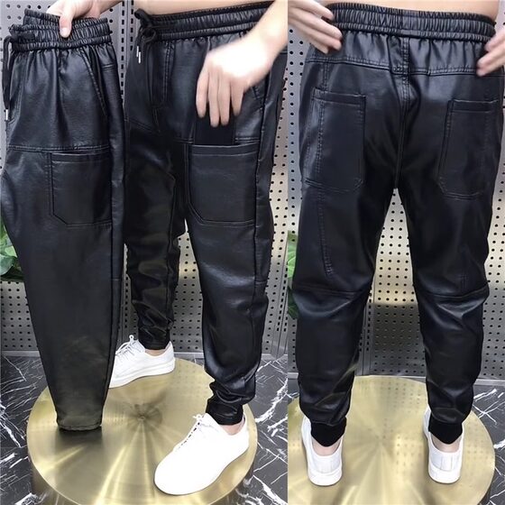 Winter new style warm six -pocket leather pants men's loose windproof waterproof small foot casual pants and fleece thick beam pants
