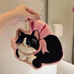 Cute Cat Hand Towel, Hanging Type, Super Absorbent, Thickened, for Kitchen and Bathroom, Coral Fleece Small Square Towel