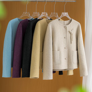 Luxury cabinet design wool double-sided woolen small fragrance solid color round neck loose short woolen coat for women J00435