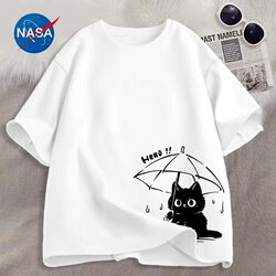 Nasa Co-Branded Short-Sleeved Men's Summer New Cat Print T-Shirt Trendy Brand Youth Versatile Loose Top