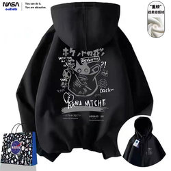 Nasa Co-Branded Cartoon Cat Hooded Sweatshirt for Men and Women, Fleece-Lined Trendy Brand Oversize Loose Autumn and Winter Jacket Top