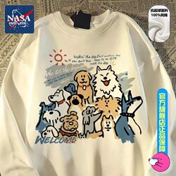 Nasa Co-Branded Cotton American Street Style Solid Color Cartoon White Long-Sleeve T-Shirt for Men and Women, Spring and Autumn Base Layer Top