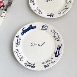 Anmu Liangpin Factory Order Korean ins Style Cute Cat and Dog Ceramic Restaurant Home Dessert Snack Round Plate
