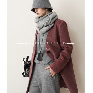 
3HLADY Smoked Bean Paste Collarless Design Two-button Mid-length Alpaca Jacket Coat