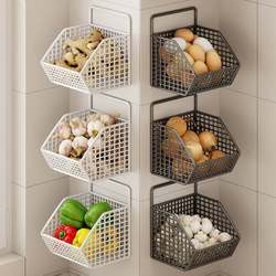 Kitchen Wall-Mounted Storage Rack for Onions, Ginger, and Garlic, No-Drill Multifunctional Spice Rack, Wall Hanging Basket, Double-Layer Storage Basket