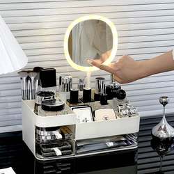 Desktop Cosmetics Storage Box with Mirror Integrated High-End Skin Care Product Makeup Box Dressing Table Lipstick Storage Shelf