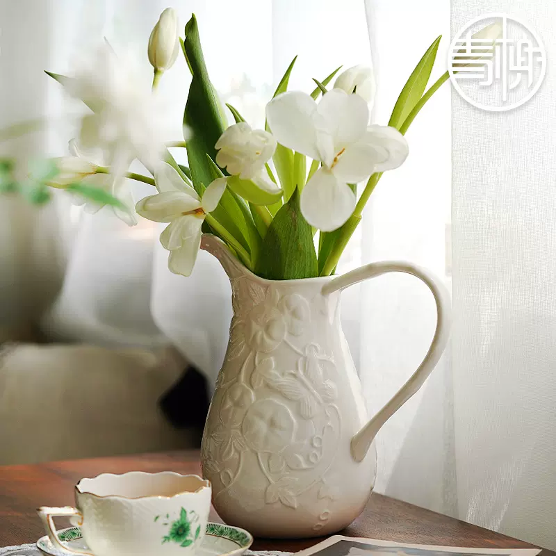 花瓶高级感陶瓷花瓶奶壶简约客厅餐桌摆件插花瓶鲜花复古水培花瓶-Taobao