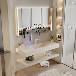 High-End Hotel Cream-Style Double-Layer Rock Slab Hot-Bent Integrated Basin Bathroom Cabinet Combination Toilet Washbasin