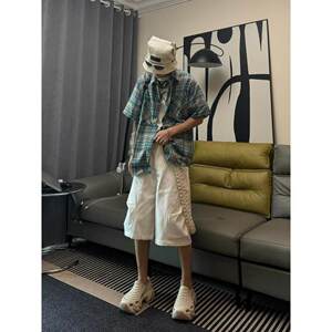 
Tie-dye plaid short-sleeved shirt for men, summer loose casual shirt, Korean style lazy style commuter top trend