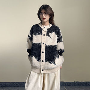 
ZC contrast sweater college style versatile sweater men and women heavy loose casual cardigan jacket autumn and winter couple style