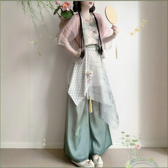 
Original Hanfu Women [Lotus] Ming Dynasty Daily Improved Short Shirt Suspenders Enclosed Song Pants Lightweight Suit Summer Style