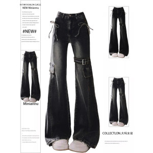 
Extra large size fat mm American retro hottie bow-knot bootcut jeans for women black slimming stretch horseshoe pants