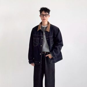 
SIIIEND splicing wick retro denim jacket men's loose lapel jacket original cow blue trendy versatile casual