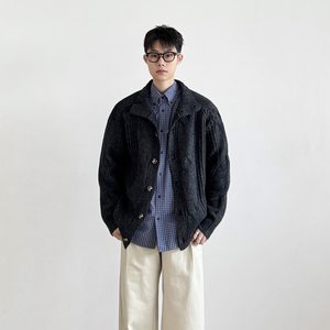 
SIIIEND advanced stand-up collar knitted cardigan men's old money wool retro button sweater couple jacket casual