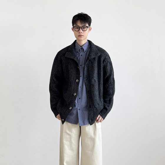 
SIIIEND advanced stand-up collar knitted cardigan men's old money wool retro button sweater couple jacket casual