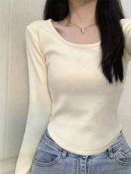 Spring and Autumn Low-Neck Regular Shoulder Long-Sleeve White T-Shirt for Women 2025 New U-Neck Winter Fleece-Lined Inner Layer Slim-Fit Top