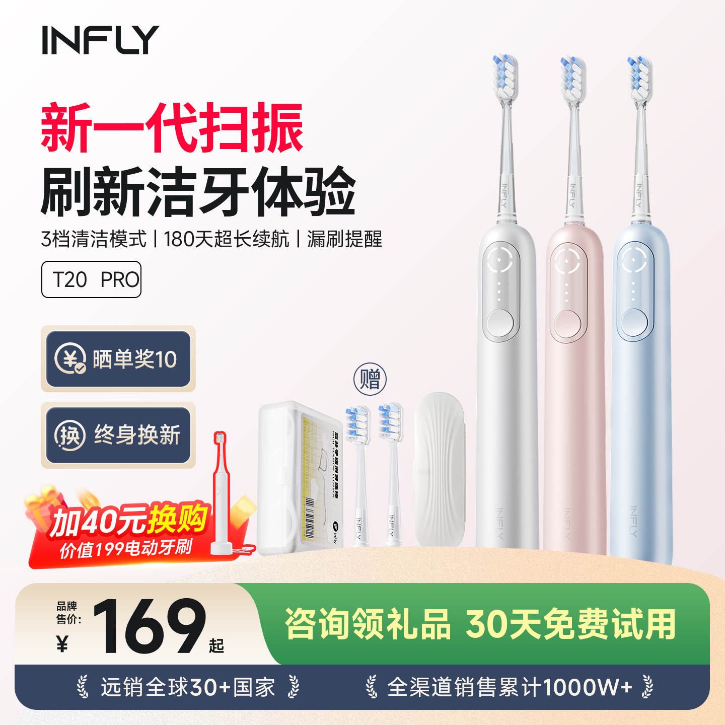 Электрическая зубная щетка INFLY, звуковая вибрация, умное напоминание о пропущенной щетке, защита десен, взрослые мужчины и женщины, друзья