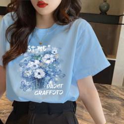 Light Blue Hong Kong Style Chic Top Women's Short-Sleeved T-Shirt Summer Trendy Women's Clothing New Student Loose Versatile T-Shirt