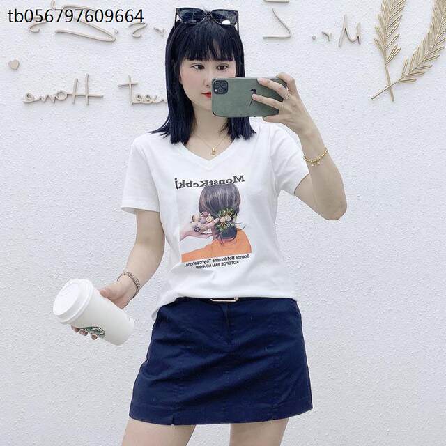 2025 summer new Korean version V-neck print pattern casual cotton slim irregular short-sleeved T-shirt trendy