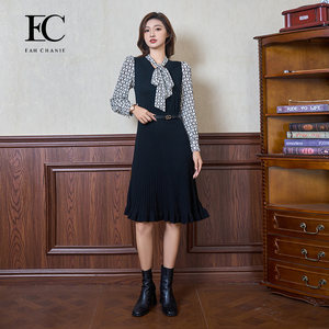 
[Clearance] Yichen spring new age-reducing dress French elegant knitted splicing printed mid-length skirt for women