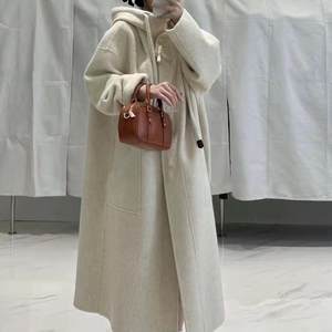 
High-end hooded mid-length 2025 new double-sided cashmere coat for women's cow horn buckle thickened woolen jacket