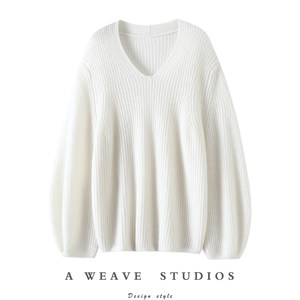 
The soul in the basics! V-neck wide-sleeved thick-knit cashmere sweater for women pure cashmere sweater loose autumn and winter