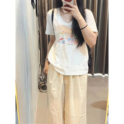 V-Neck Bamboo Cotton T-Shirt for Women, Regular Shoulder, Short Sleeves, Plus Size, White, Lazy Style Top for Women, 2026 New Popular Style