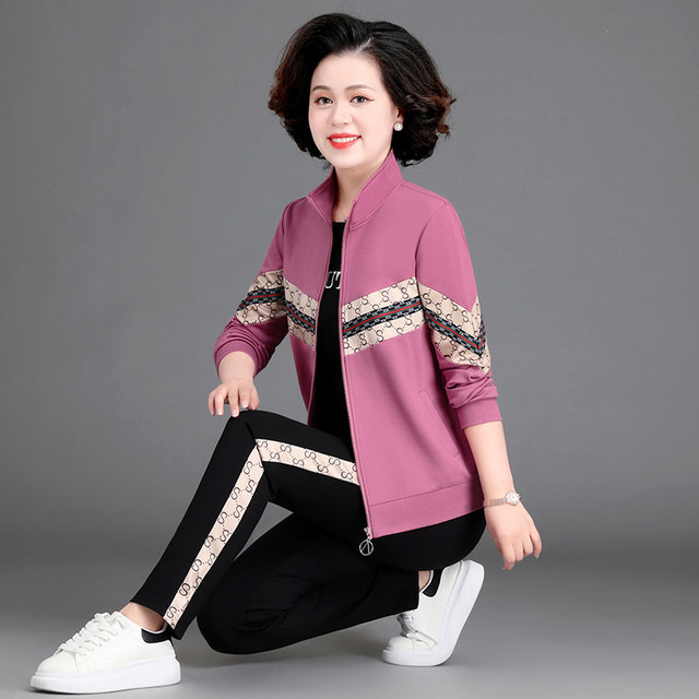 Middle -aged and elderly sports suit female spring and autumn casual three -piece sweater cardigan loose middle -aged mother spring jacket