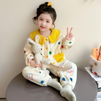 
Girls pajamas set 2025 new flannel autumn and winter warm lapel baby girl coral velvet home wear casual