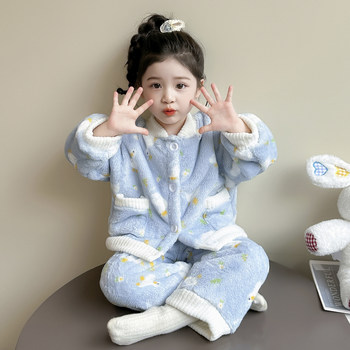 
Girls pajamas set 2025 new autumn and winter cute warm coral velvet casual home clothes flannel two pieces