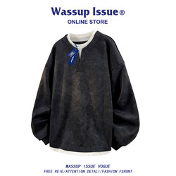 Wassup Issue Fake Two-Piece Long-Sleeve Top for Men, Autumn American Retro Casual Fleece-Lined Thickened Sweatshirt for Men